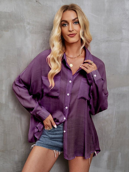 Women's Loose Long Sleeve Single Breasted Solid Color Shirt - Melissas Collectibles and More