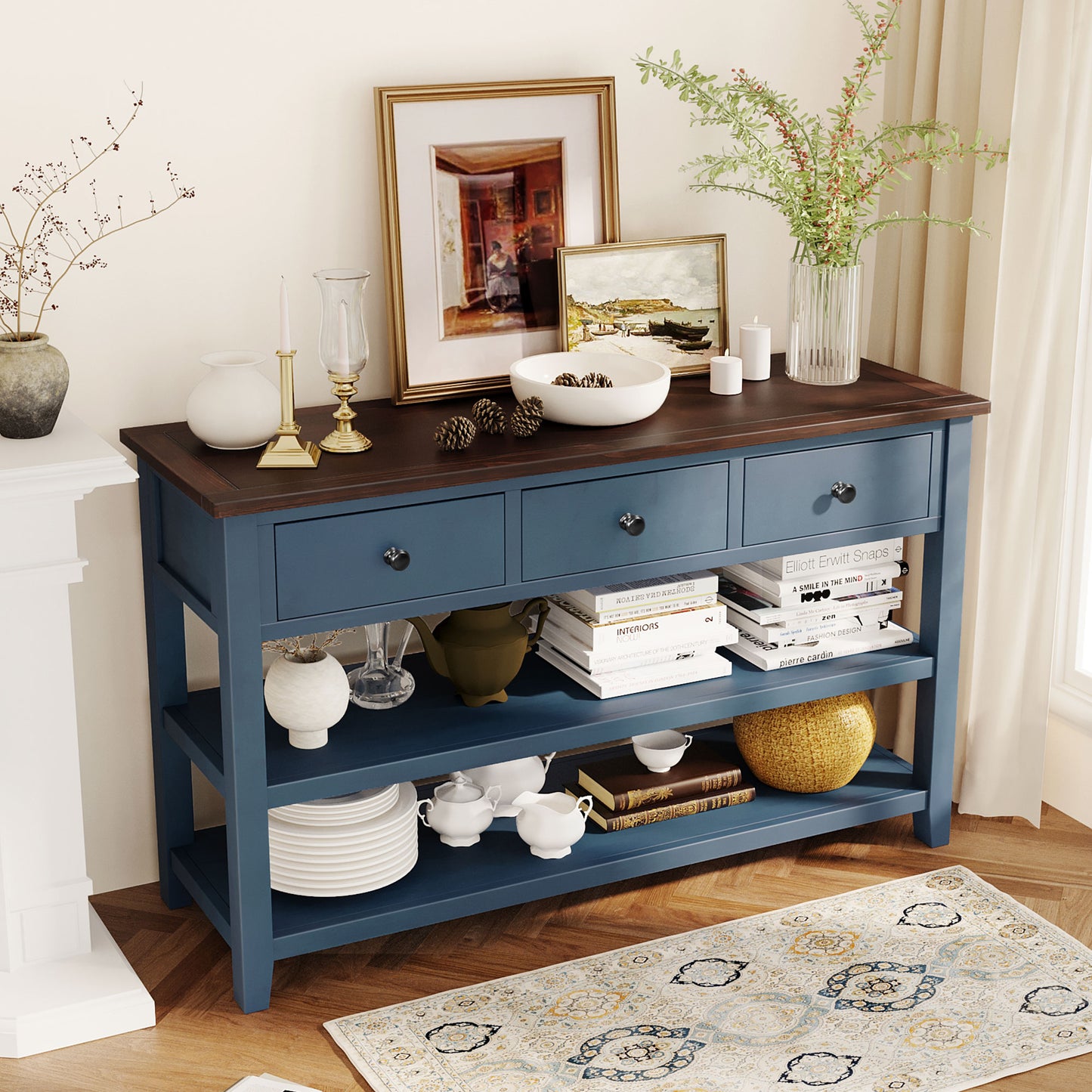 Retro Design Console Table with Two Open Shelves, Pine Solid Wood Frame and Legs for Living Room (Antique Navy+Espresso)