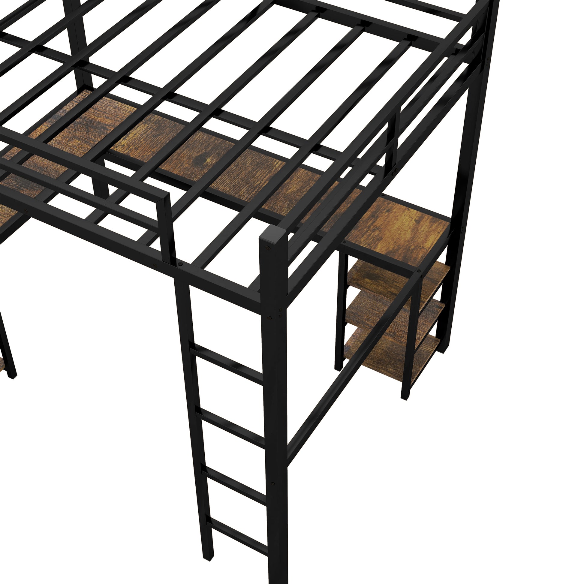 "Get the most out of your space with our Full Metal Loft Bed! Offering a built-in desk and shelf, with a sturdy ladder and guardrail for safety. Maximize functionality without compromising style. Perfect for small bedrooms or dorms. Transform your space today!"