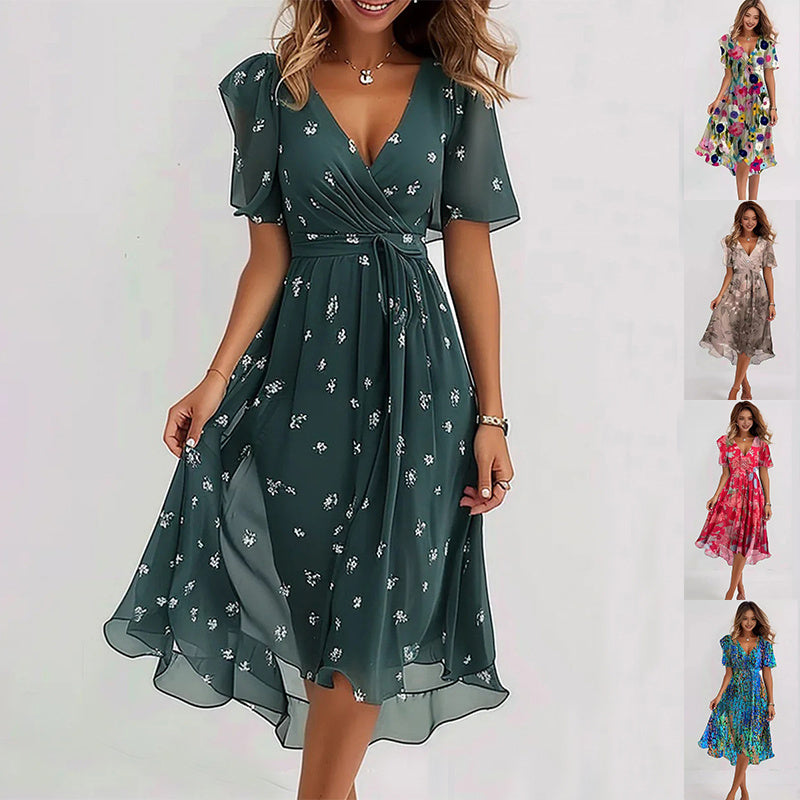 Chiffon Printed Short Sleeve Dress Summer Elegant V-neck Dresses Womens Clothing