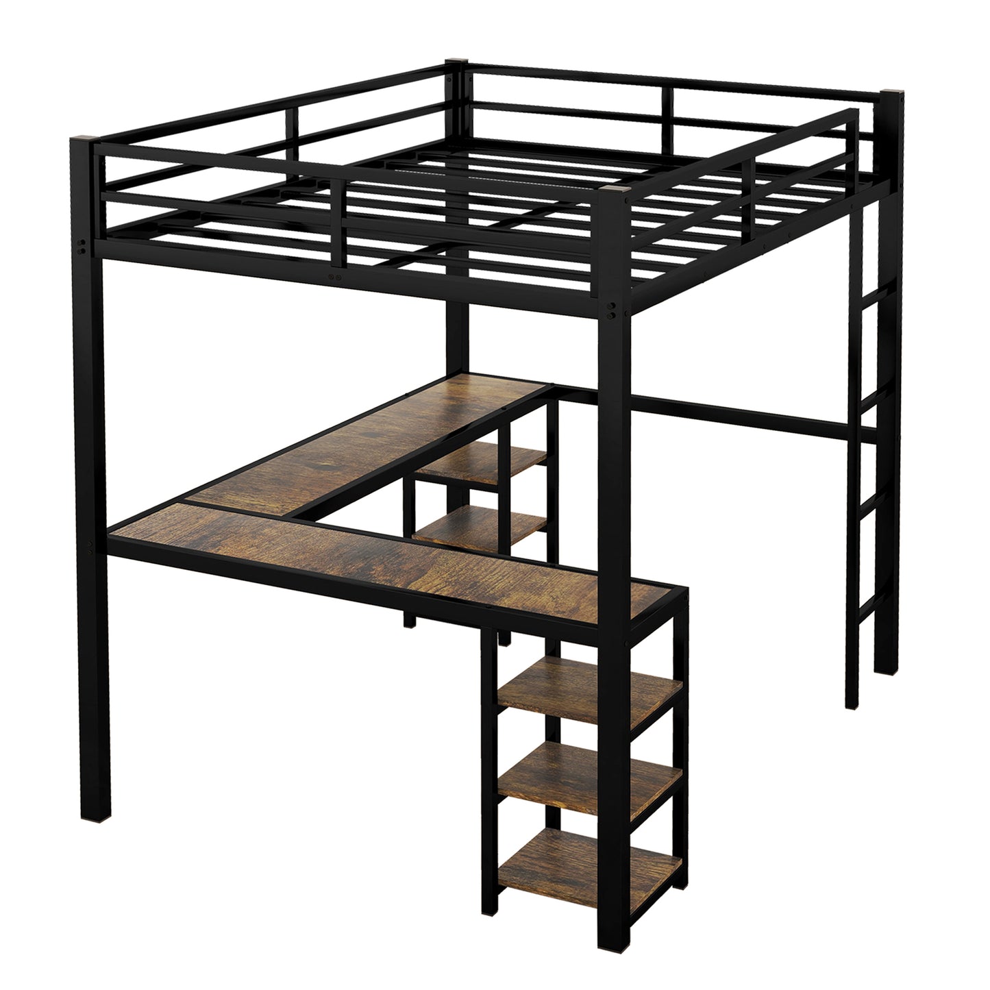 "Get the most out of your space with our Full Metal Loft Bed! Offering a built-in desk and shelf, with a sturdy ladder and guardrail for safety. Maximize functionality without compromising style. Perfect for small bedrooms or dorms. Transform your space today!"