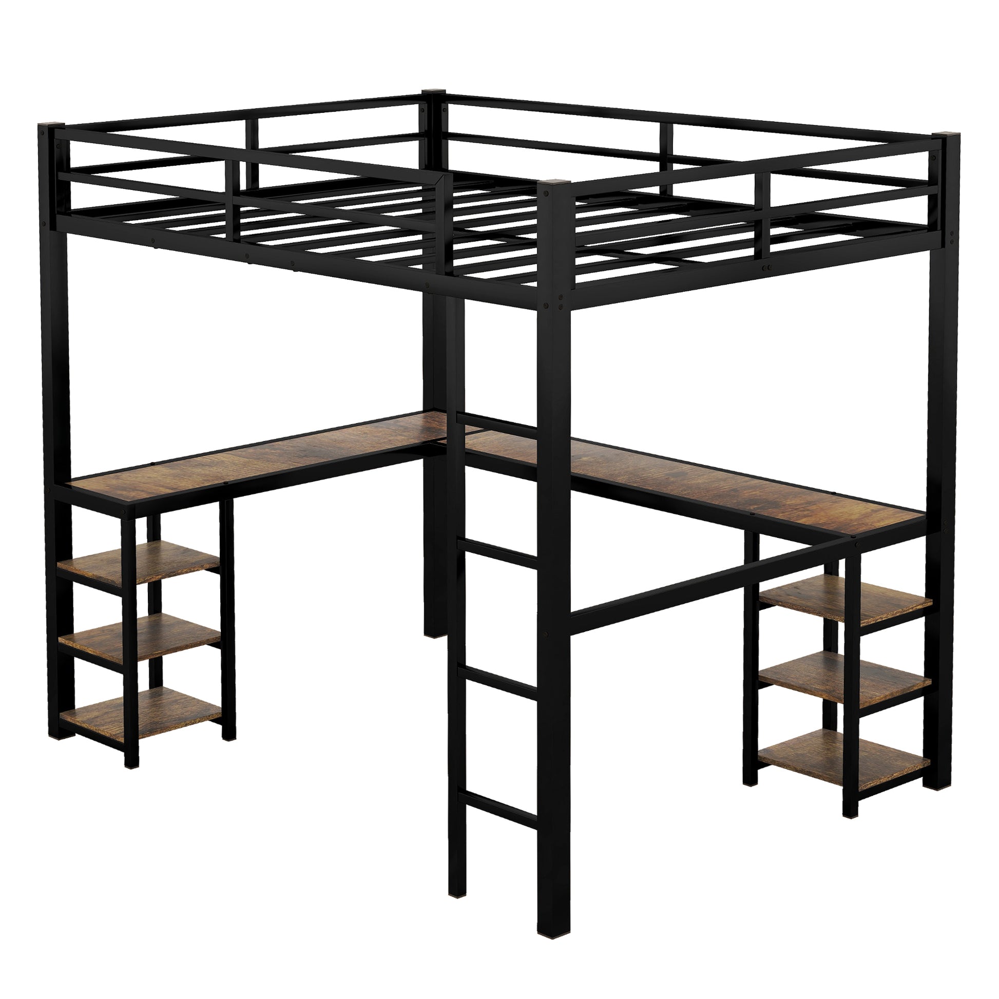 "Get the most out of your space with our Full Metal Loft Bed! Offering a built-in desk and shelf, with a sturdy ladder and guardrail for safety. Maximize functionality without compromising style. Perfect for small bedrooms or dorms. Transform your space today!"