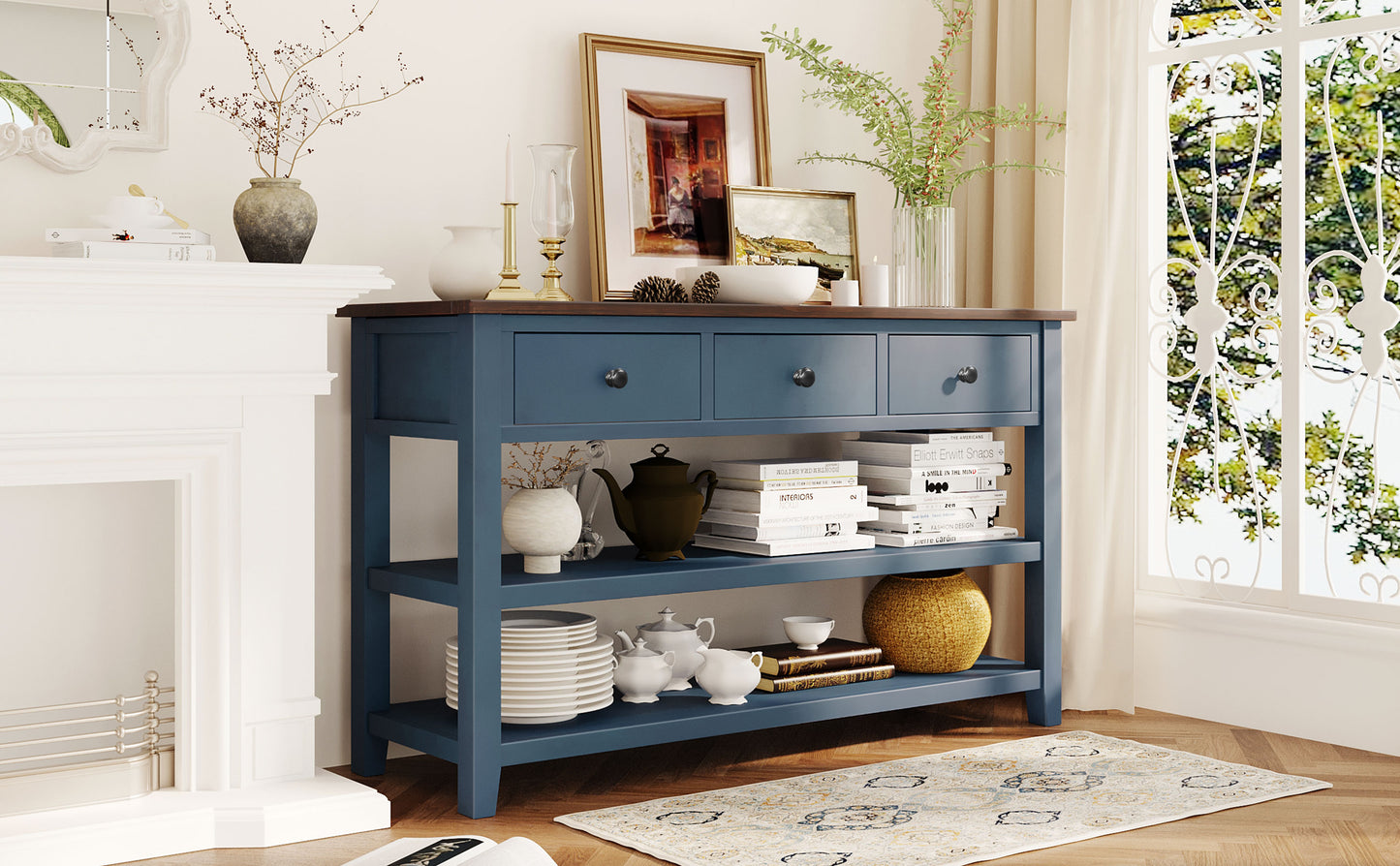 Retro Design Console Table with Two Open Shelves, Pine Solid Wood Frame and Legs for Living Room (Antique Navy+Espresso)