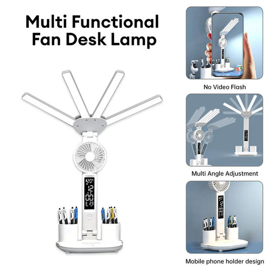 "3in1 Multifunction LED-Table Lamp Four-Headed Folding With Fan Calendar Clock USB Rechargeable Desk Light 3 Color Reading Lamp"