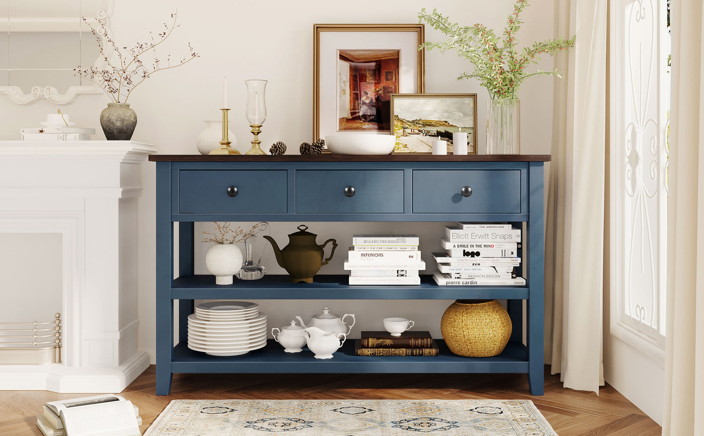 Retro Design Console Table with Two Open Shelves, Pine Solid Wood Frame and Legs for Living Room (Antique Navy+Espresso)