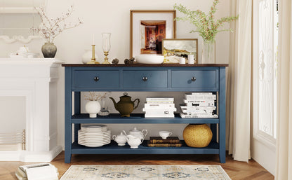 Retro Design Console Table with Two Open Shelves, Pine Solid Wood Frame and Legs for Living Room (Antique Navy+Espresso)