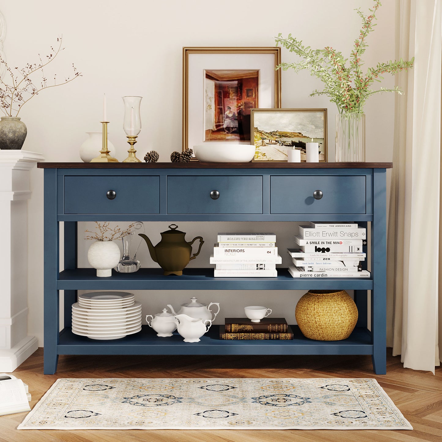 Retro Design Console Table with Two Open Shelves, Pine Solid Wood Frame and Legs for Living Room (Antique Navy+Espresso)