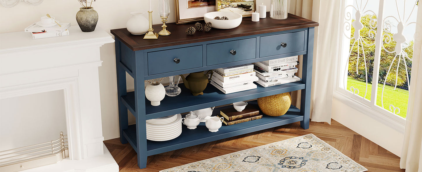 Retro Design Console Table with Two Open Shelves, Pine Solid Wood Frame and Legs for Living Room (Antique Navy+Espresso)