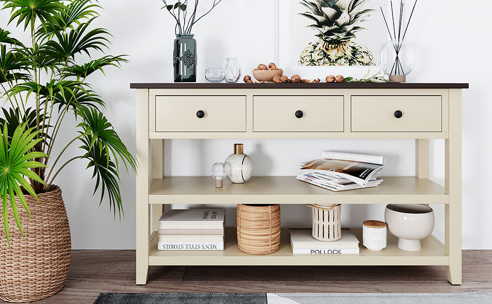 Retro Design Console Table with Two Open Shelves, Pine Solid Wood Frame and Legs for Living Room (Espresso+Beige)