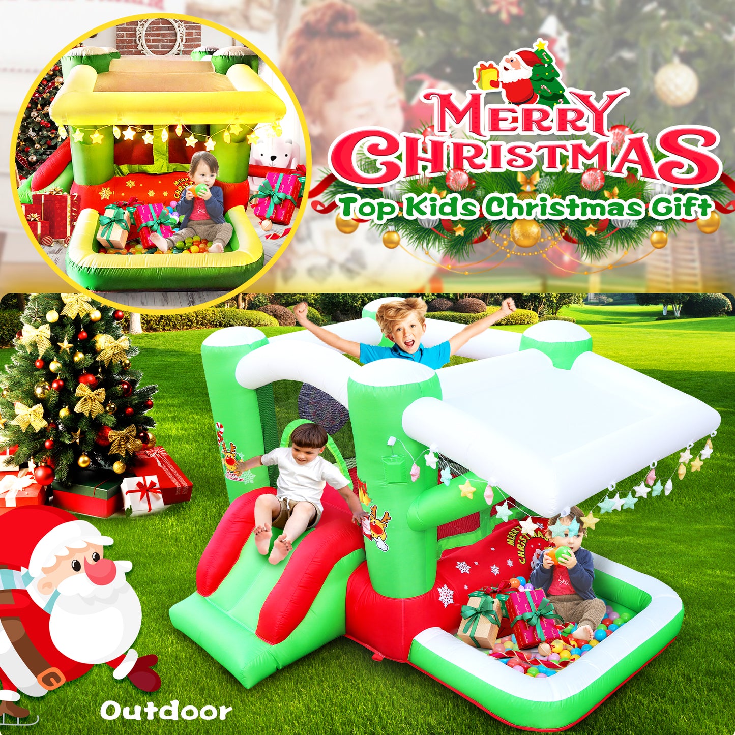 Christmas Jump 'n Slide Inflatable Bouncer for Kids Complete Setup with Blower - 80 Christmas Jump 'n Slide Inflatable Bounce Houses