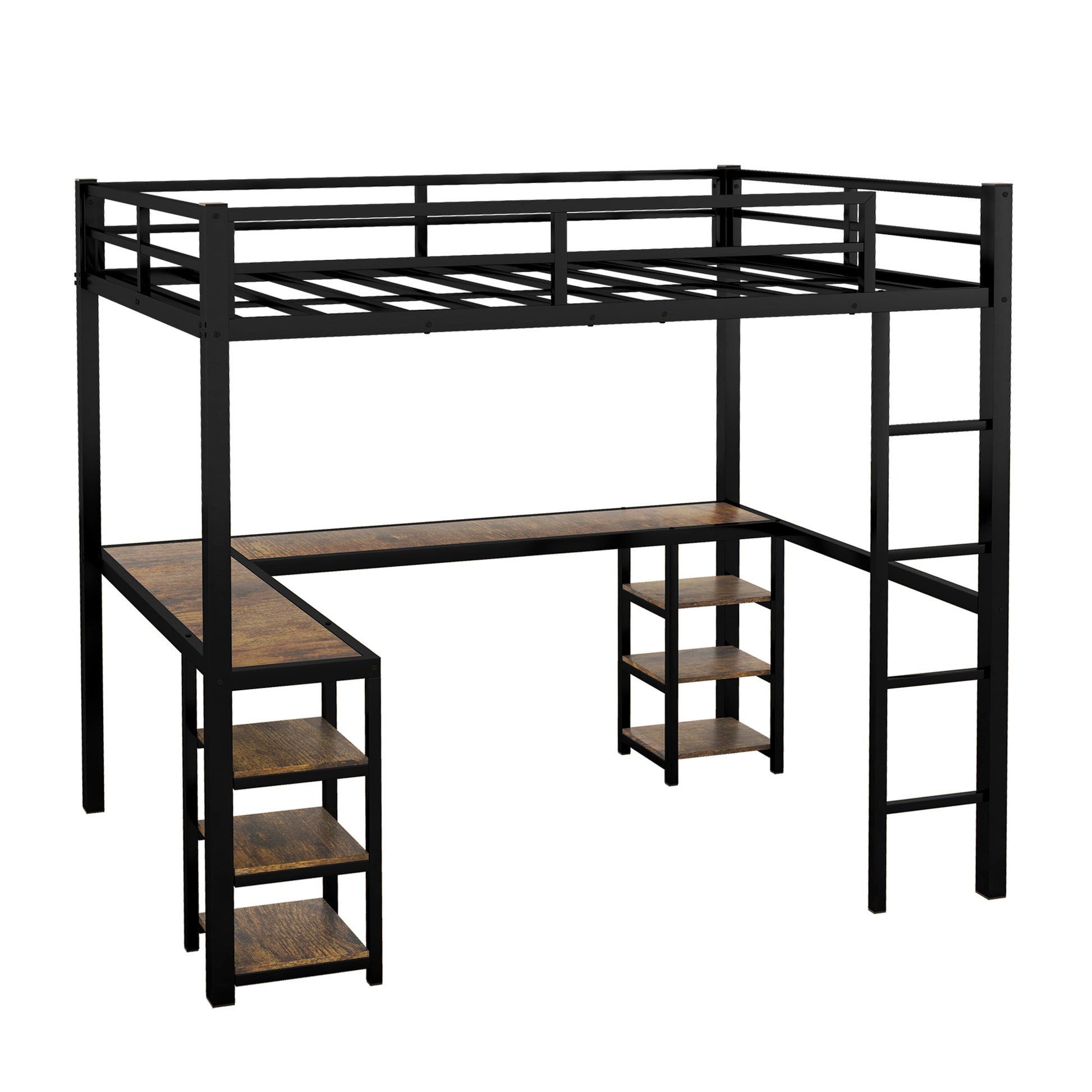 "Get the most out of your space with our Full Metal Loft Bed! Offering a built-in desk and shelf, with a sturdy ladder and guardrail for safety. Maximize functionality without compromising style. Perfect for small bedrooms or dorms. Transform your space today!"