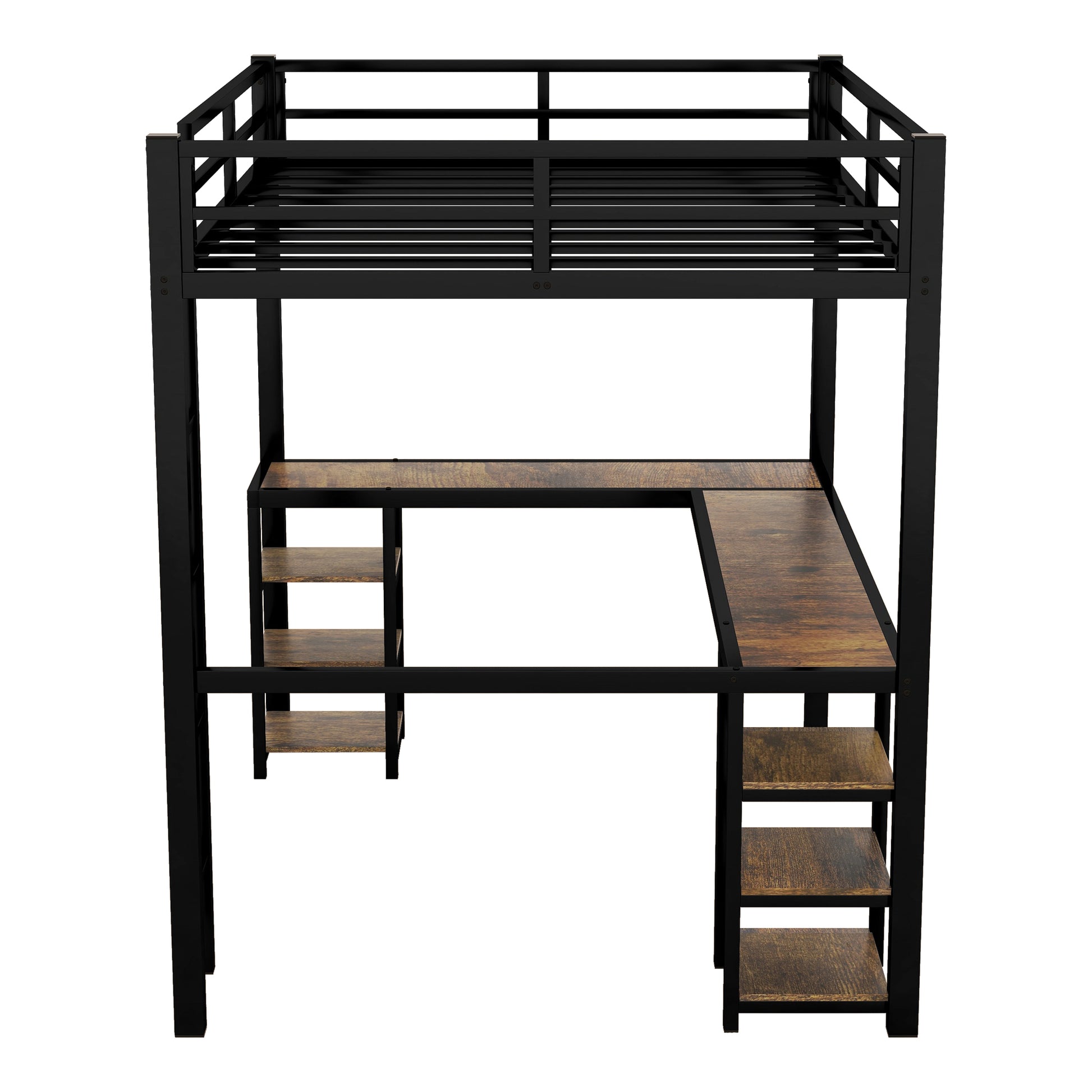 "Get the most out of your space with our Full Metal Loft Bed! Offering a built-in desk and shelf, with a sturdy ladder and guardrail for safety. Maximize functionality without compromising style. Perfect for small bedrooms or dorms. Transform your space today!"