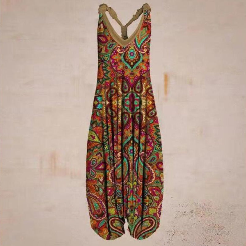 "Ethnic Style Printed Loose Large Size Harem Pants Beach Suspenders Jumpsuit"Elevate your beach style with our Printed Loose Harem Pants Jumpsuit! With a fashionable print and a comfortable loose fit, this jumpsuit is perfect for beach days. The suspenders add a unique touch and provide extra support. Embrace the freedom and style of our Large Size Harem Pants Jumpsuit