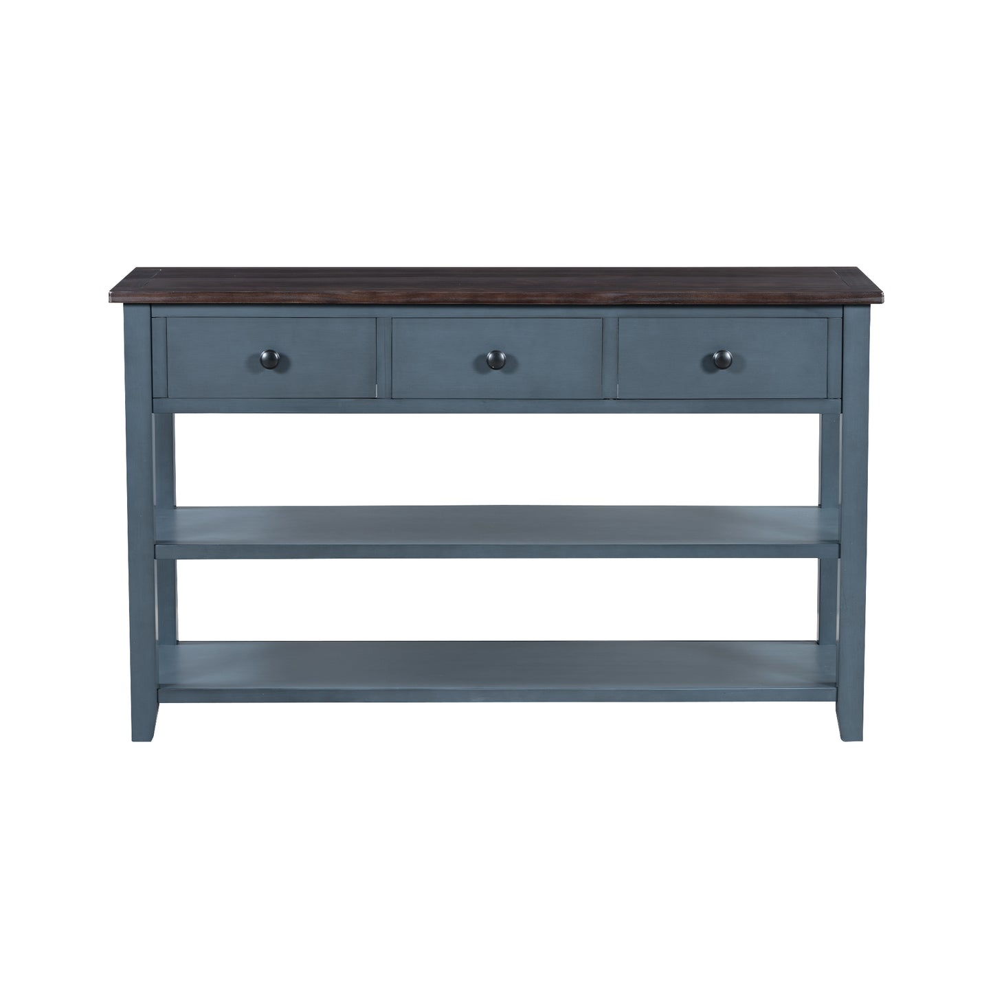 Retro Design Console Table with Two Open Shelves, Pine Solid Wood Frame and Legs for Living Room (Antique Navy+Espresso)