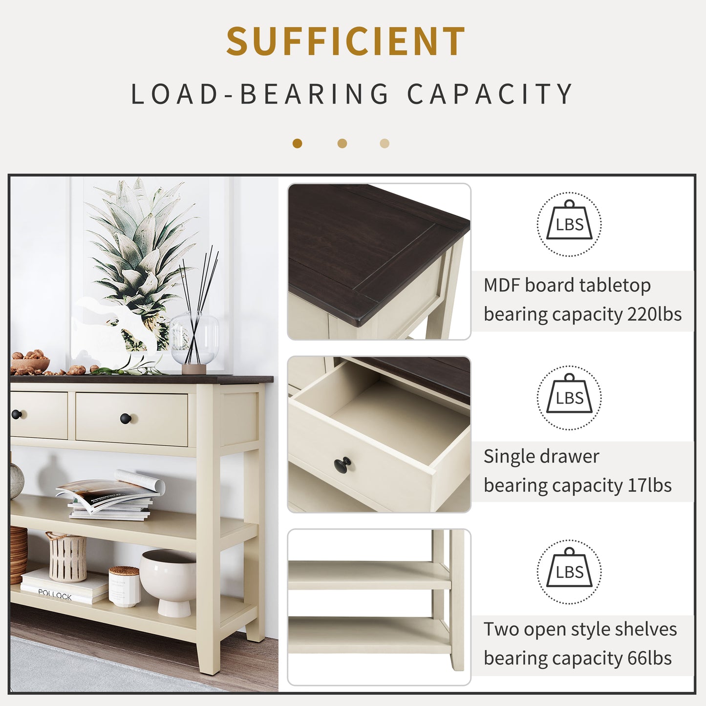 Retro Design Console Table with Two Open Shelves, Pine Solid Wood Frame and Legs for Living Room (Espresso+Beige)