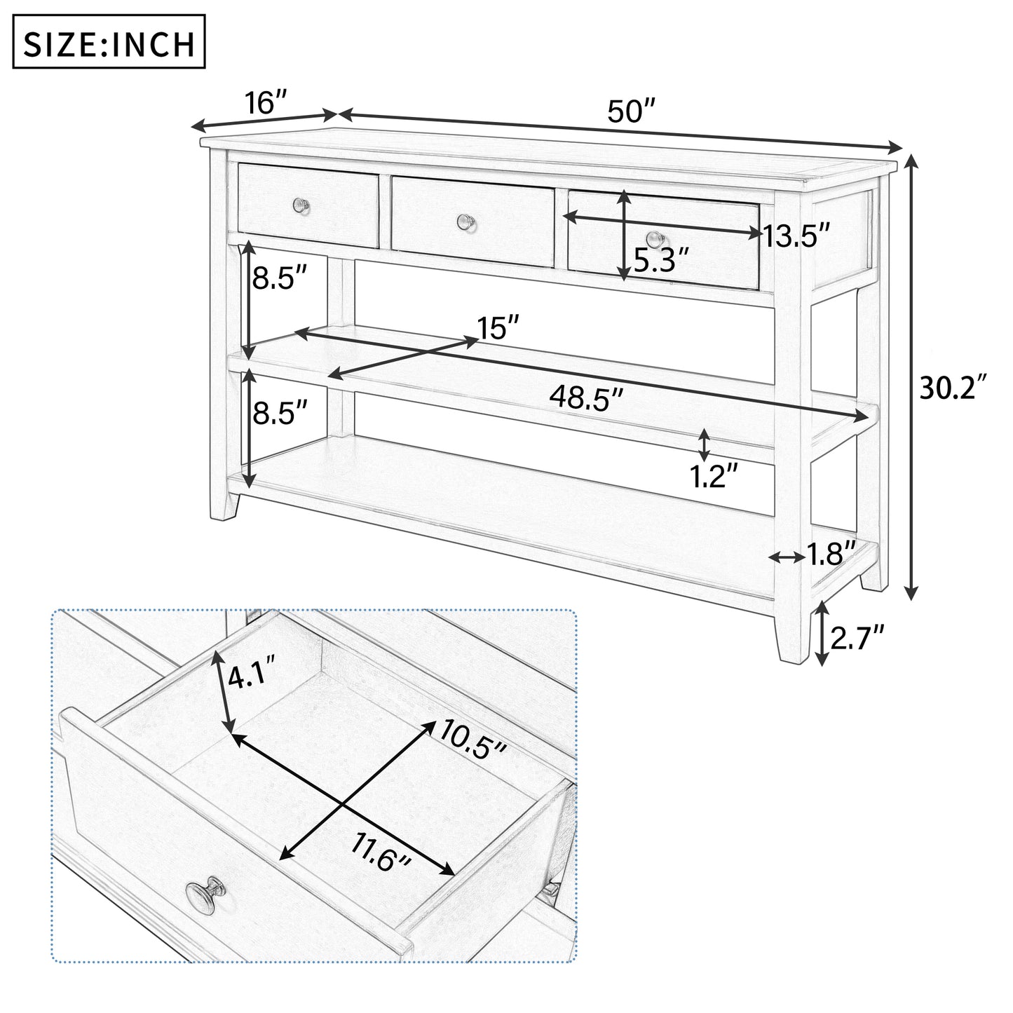 Retro Design Console Table with Two Open Shelves, Pine Solid Wood Frame and Legs for Living Room (Espresso+Beige)