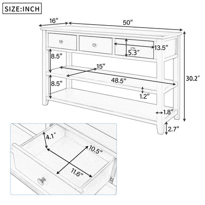 Retro Design Console Table with Two Open Shelves, Pine Solid Wood Frame and Legs for Living Room (Espresso+Beige)