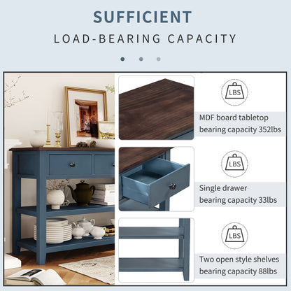 Retro Design Console Table with Two Open Shelves, Pine Solid Wood Frame and Legs for Living Room (Antique Navy+Espresso)