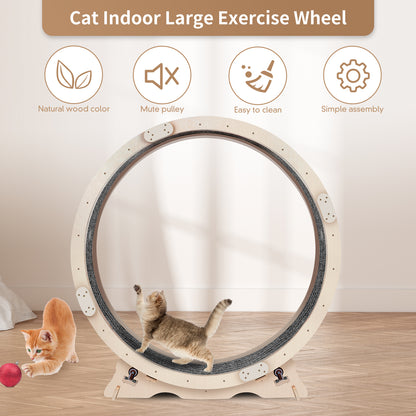 Cat Exercise Wheel for Indoor Cats, Cat Running Wheel with Carpeted Runway, 41" Natural Wood Color