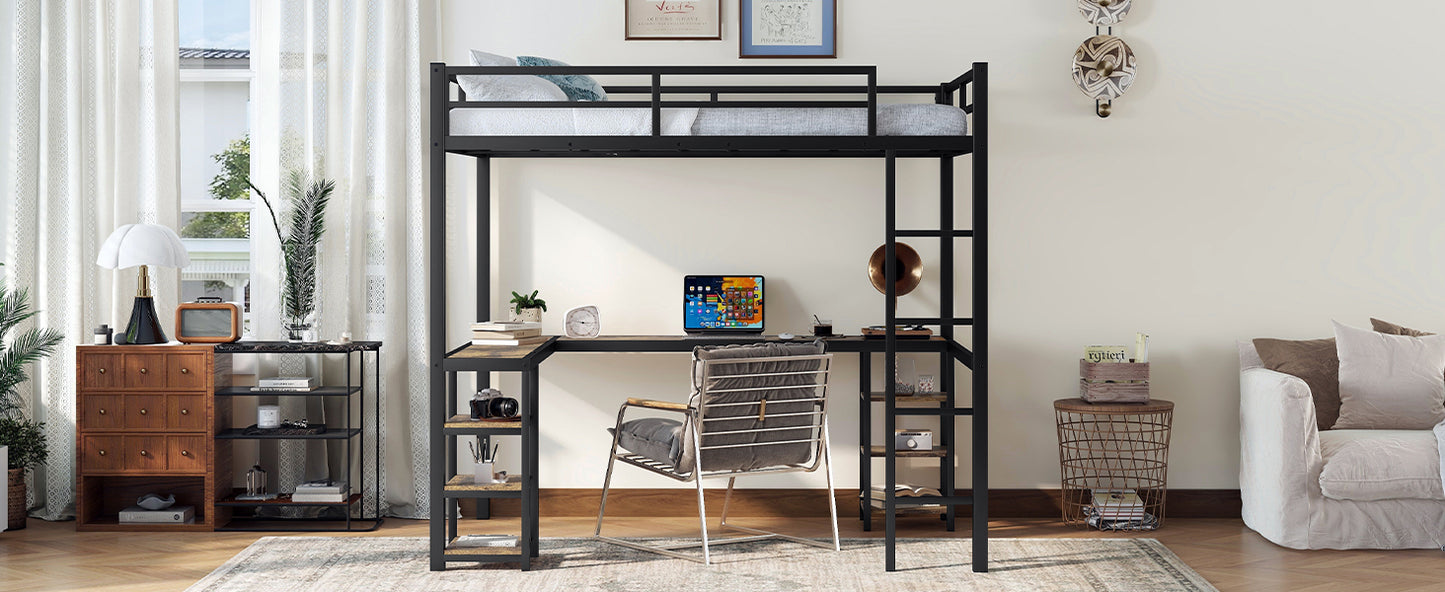 "Get the most out of your space with our Full Metal Loft Bed! Offering a built-in desk and shelf, with a sturdy ladder and guardrail for safety. Maximize functionality without compromising style. Perfect for small bedrooms or dorms. Transform your space today!"