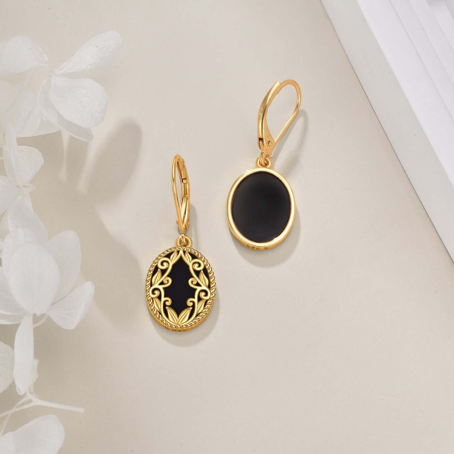 Gold Plated Black Agate Sterling Silver Black Agate Sterling Silver |Gold-Plated Dangle Earrings