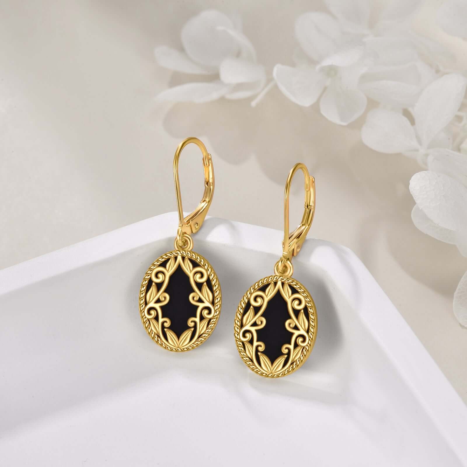 Gold Plated Black Agate Sterling Silver Black Agate Sterling Silver |Gold-Plated Dangle Earrings