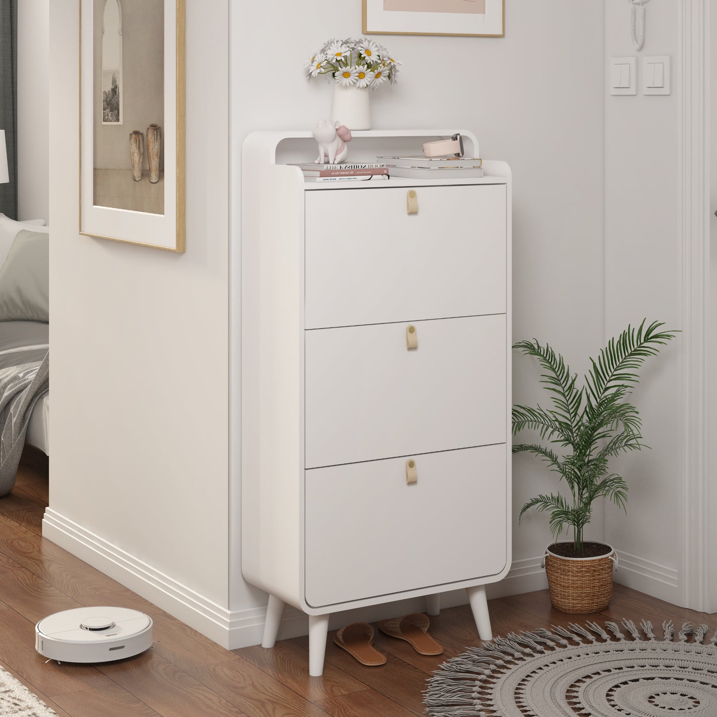 Organize your shoe collection with our Modern Arc Design Shoe Cabinet. With 3 spacious drawers, this cabinet not only maximizes storage space, but also adds a touch of modern elegance to any entryway or outdoor space. Its sleek white finish will complement any decor. Stay organized and stylish with this shoe storage solution!