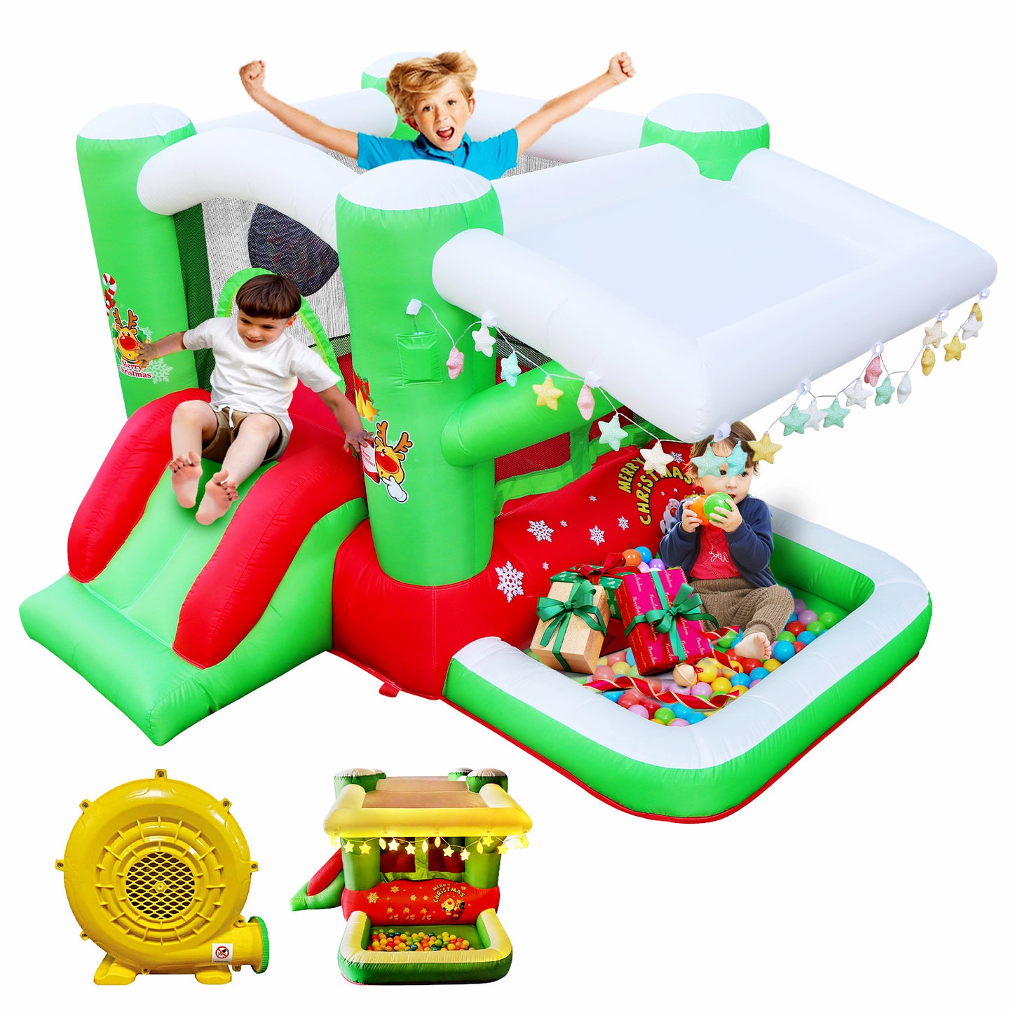 Christmas Jump 'n Slide Inflatable Bouncer for Kids Complete Setup with Blower - 80 Christmas Jump 'n Slide Inflatable Bounce Houses