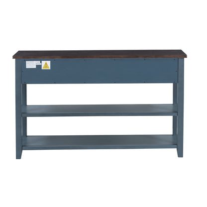 Retro Design Console Table with Two Open Shelves, Pine Solid Wood Frame and Legs for Living Room (Antique Navy+Espresso)