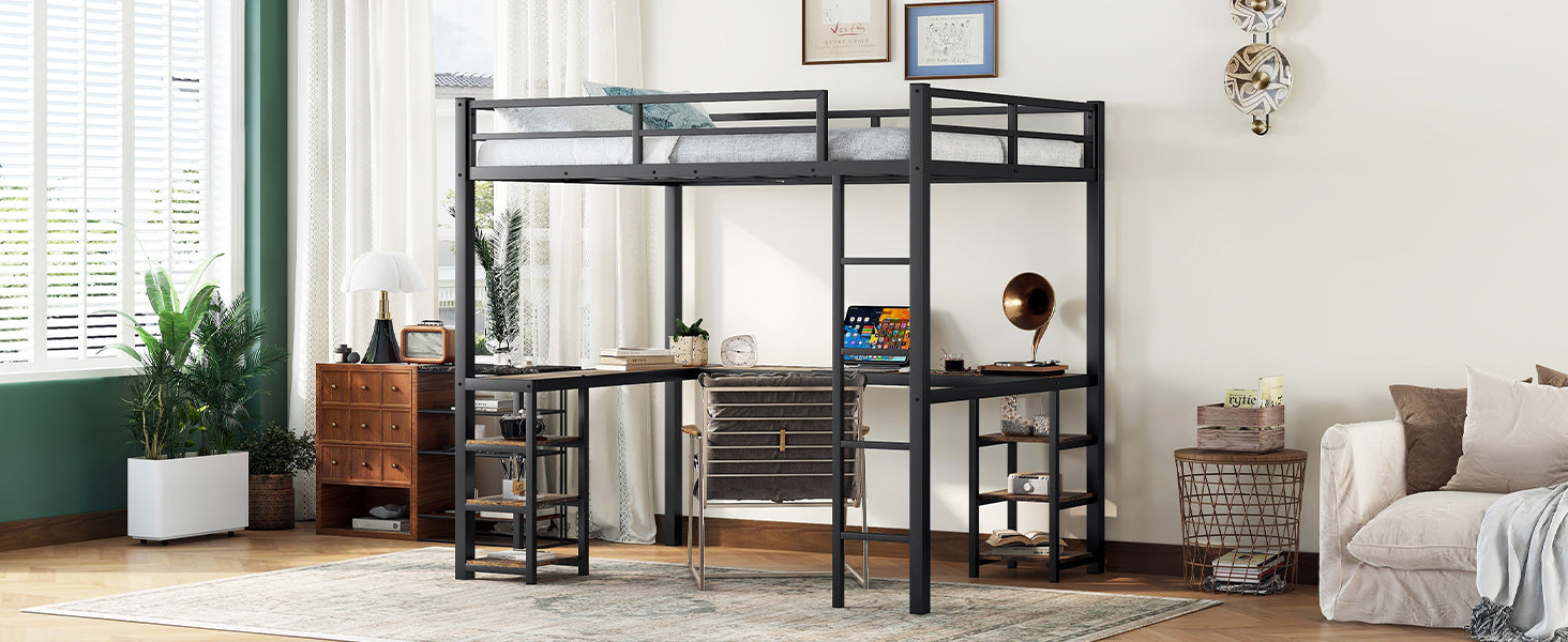 "Get the most out of your space with our Full Metal Loft Bed! Offering a built-in desk and shelf, with a sturdy ladder and guardrail for safety. Maximize functionality without compromising style. Perfect for small bedrooms or dorms. Transform your space today!"