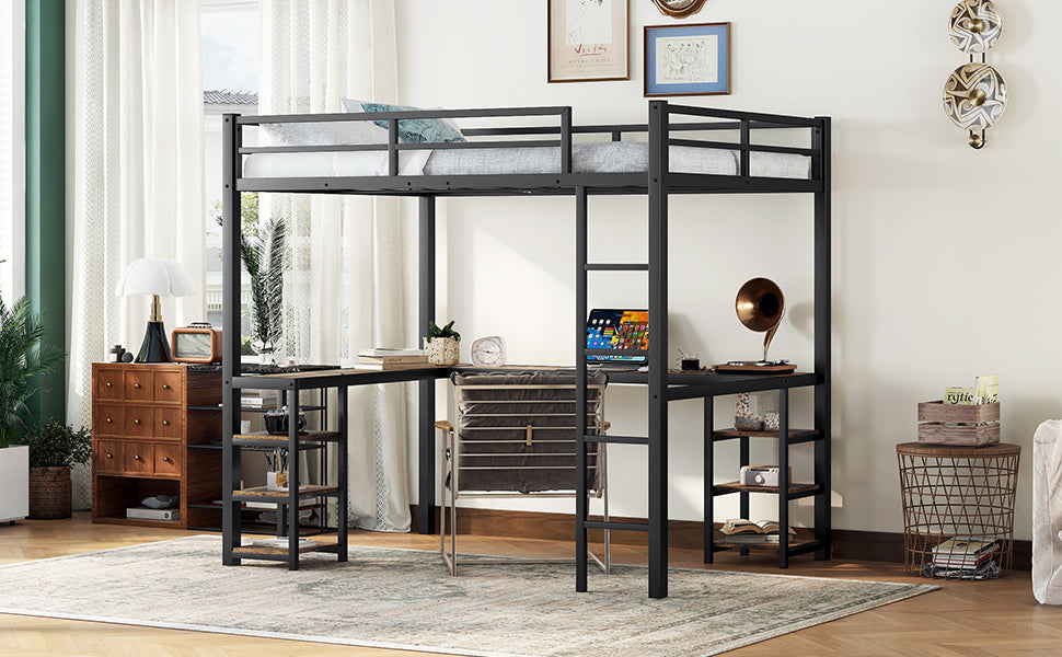 "Get the most out of your space with our Full Metal Loft Bed! Offering a built-in desk and shelf, with a sturdy ladder and guardrail for safety. Maximize functionality without compromising style. Perfect for small bedrooms or dorms. Transform your space today!"