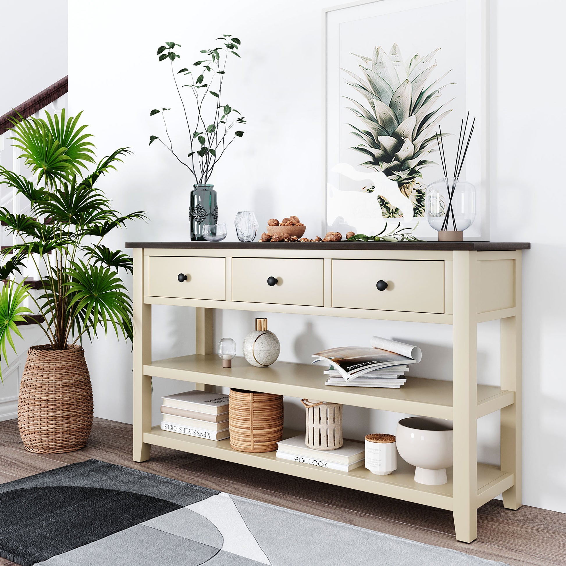 Retro Design Console Table with Two Open Shelves, Pine Solid Wood Frame and Legs for Living Room (Espresso+Beige)