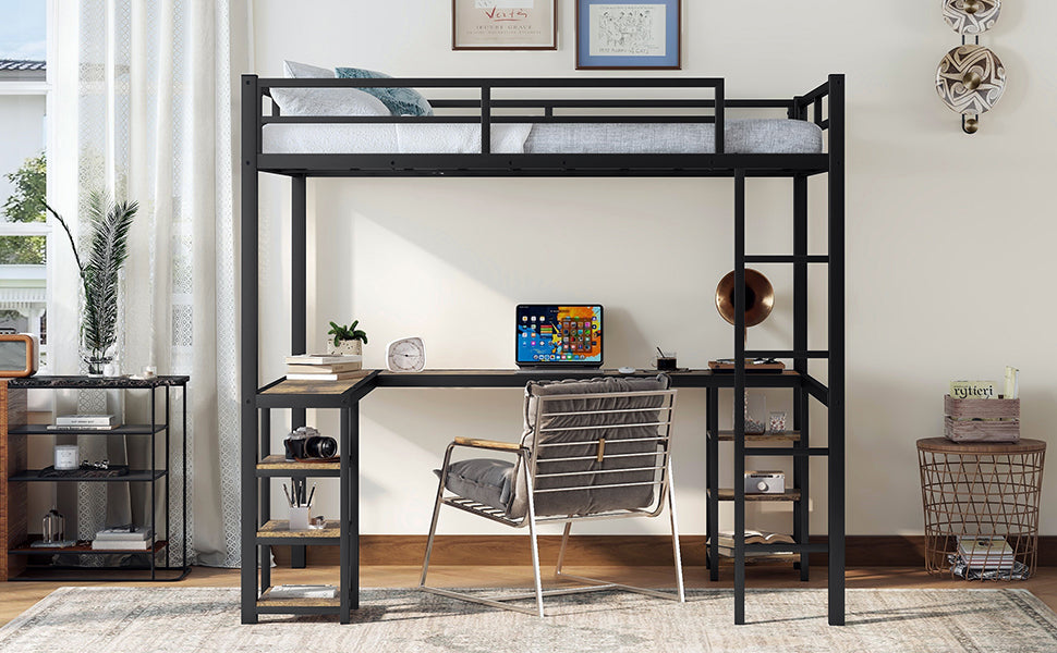 "Get the most out of your space with our Full Metal Loft Bed! Offering a built-in desk and shelf, with a sturdy ladder and guardrail for safety. Maximize functionality without compromising style. Perfect for small bedrooms or dorms. Transform your space today!"