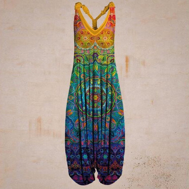 "Ethnic Style Printed Loose Large Size Harem Pants Beach Suspenders Jumpsuit"Elevate your beach style with our Printed Loose Harem Pants Jumpsuit! With a fashionable print and a comfortable loose fit, this jumpsuit is perfect for beach days. The suspenders add a unique touch and provide extra support. Embrace the freedom and style of our Large Size Harem Pants Jumpsuit