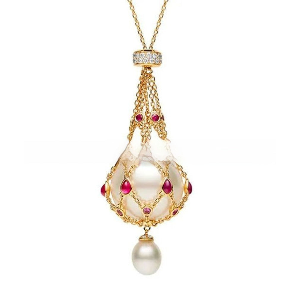 Elevate your style with our Pearl &amp; Gemstone Pendant Metal Net Necklace. Adorned with lustrous pearls and precious gemstones, this necklace exudes sophistication and elegance. The intricate metal net design adds a touch of artistic flair. Make a statement with this luxurious piece.