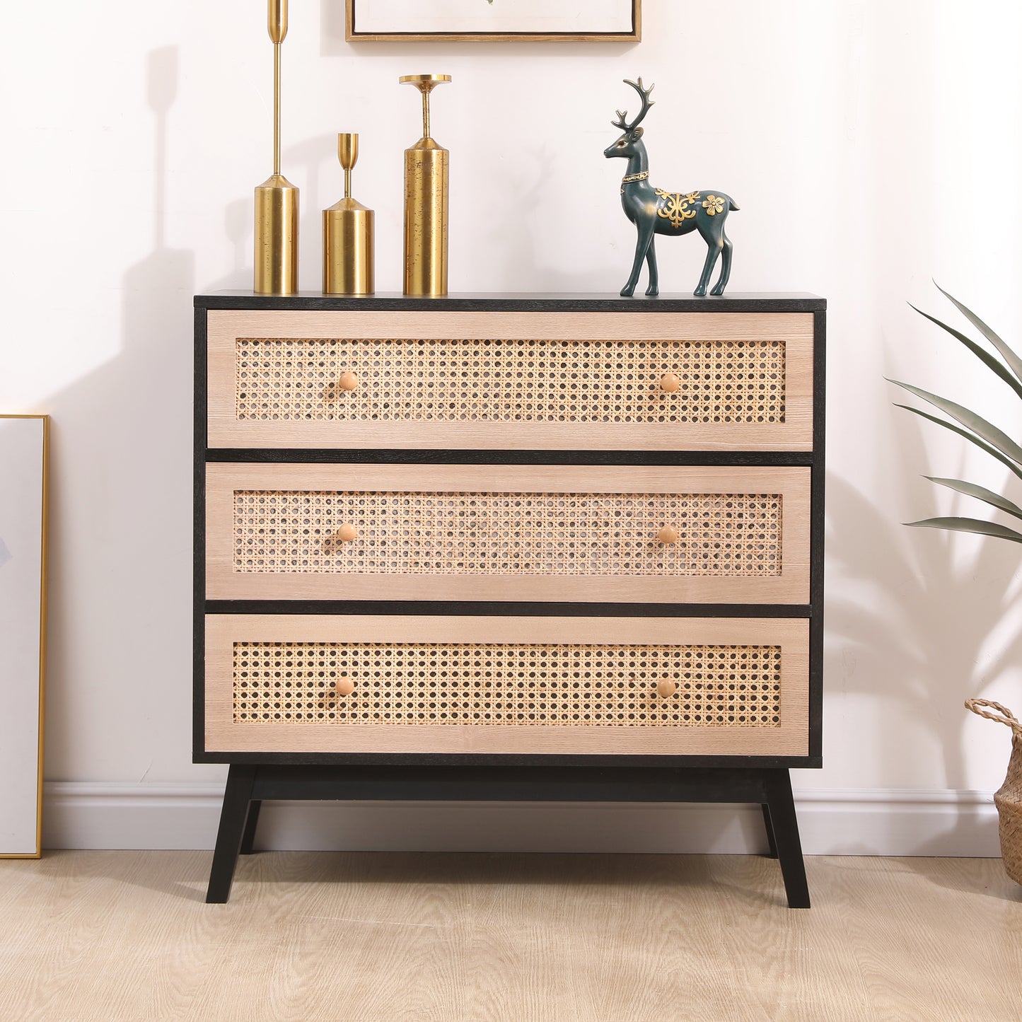 31.5 "3-Drawers Rattan Storage Cabinet Rattan Drawer,for Bedroom,Living Room,Natural drawer and black panel 31.5 "3-Rattan Storage Cabinet Rattan Drawer, for Bedroom, Living Room