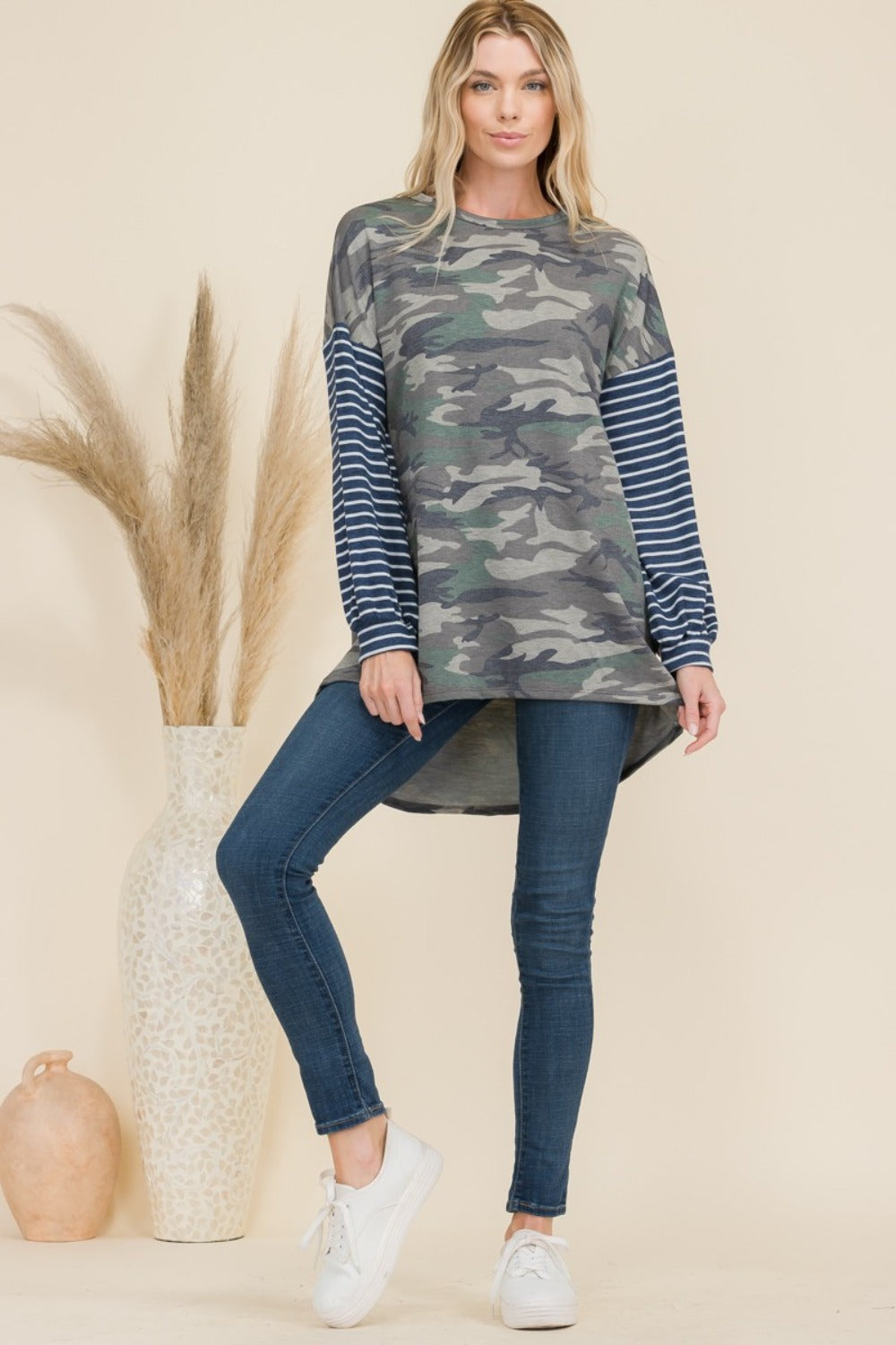 Celeste Full Size Camo Print High-Low T-Shirt with Stripe Sleeves Celeste Full Size Camo Print High-Low T-Shirt with Stripe Sleeves