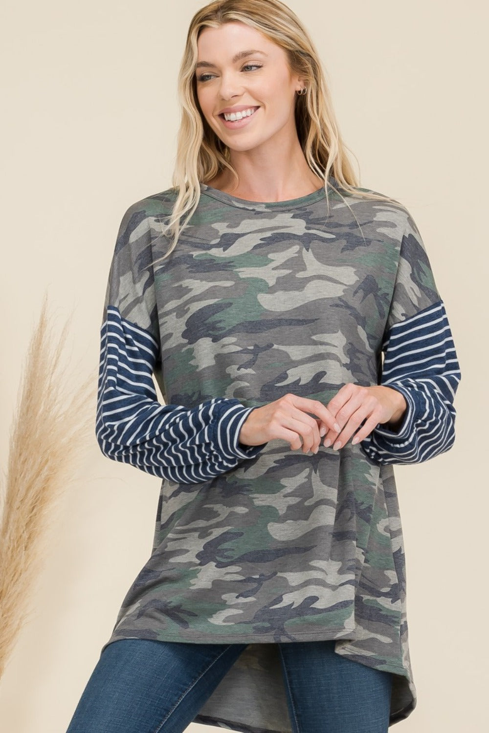 Celeste Full Size Camo Print High-Low T-Shirt with Stripe Sleeves Celeste Full Size Camo Print High-Low T-Shirt with Stripe Sleeves