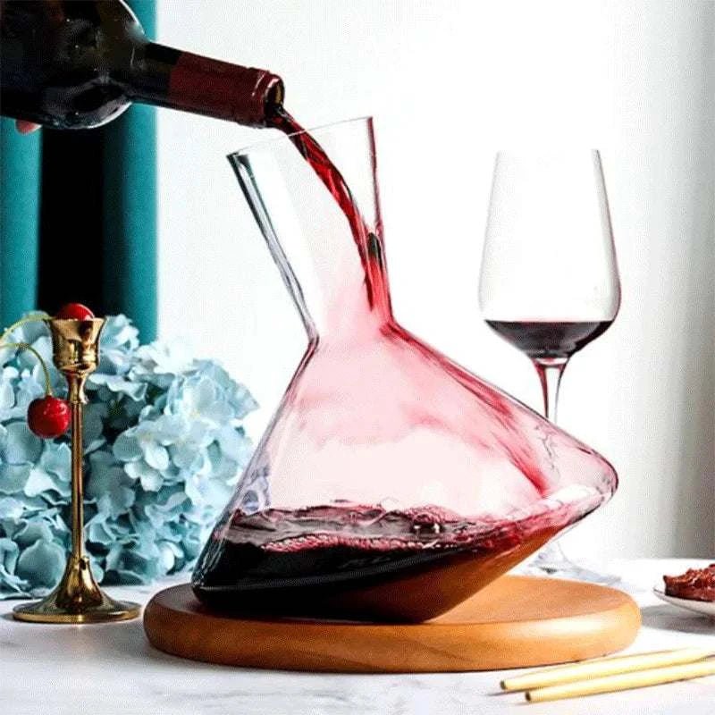 2000ML Creative Tumbler Wine Decanter with Wood Tray Hand Blown Crystal Wine Carafe Champagne Glass Whiskey Wine Aerator Crystal Wine Carafe Aerator w/ Wood-Tray