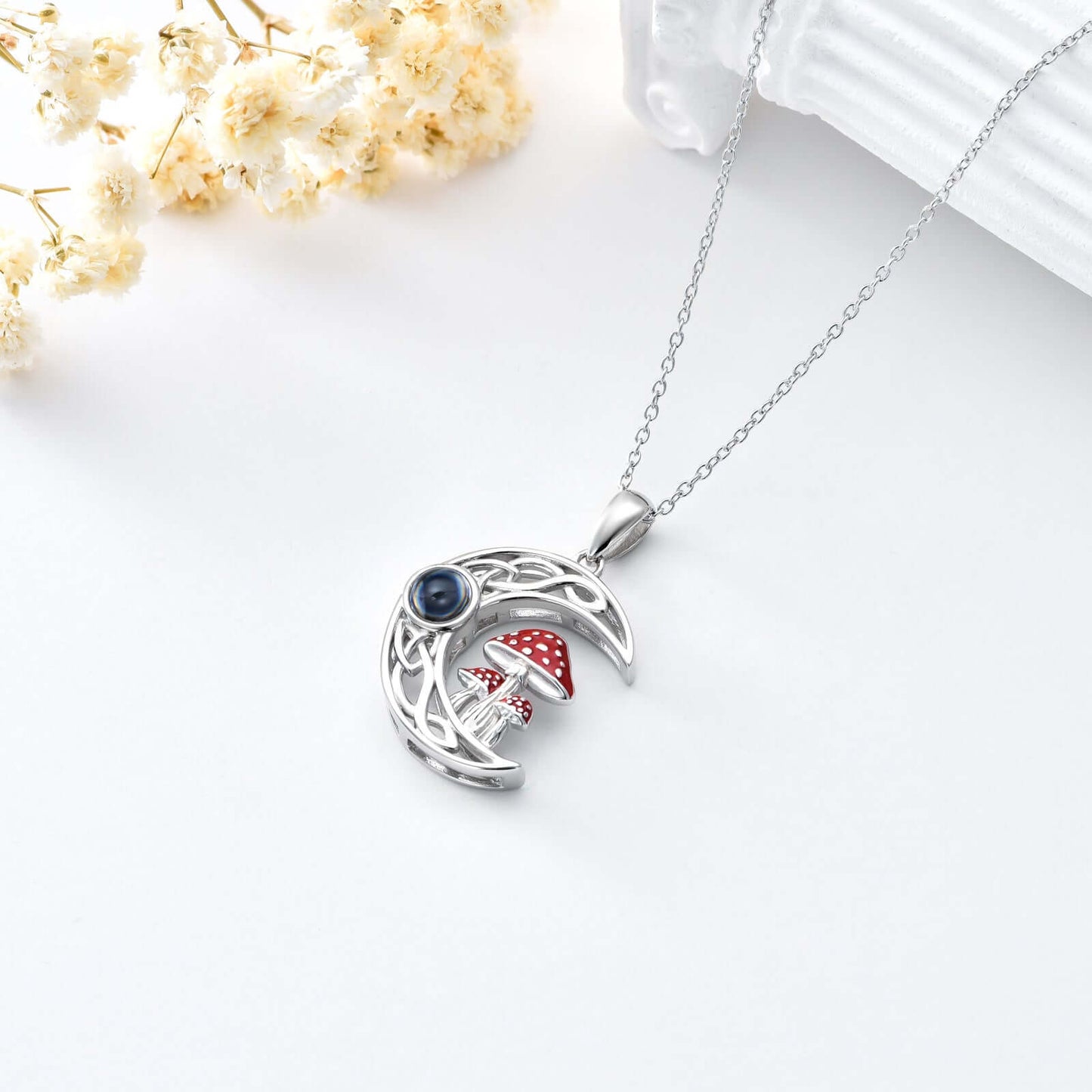 I Love You Projection Stone Mushroom Moon Necklace Sterling Silver - Melissas Collectibles and More