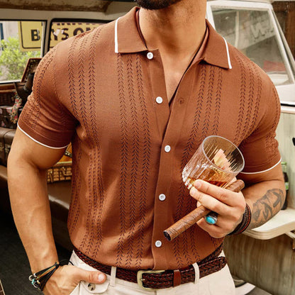 Step up your fashion game with this summer's must-have piece, our Short-Sleeved Polo Shirt! With a trendy button lapel and a stylish business design, this top is perfect for any occasion. Stay cool and confident while looking your best in this fashionable and comfortable men's clothing