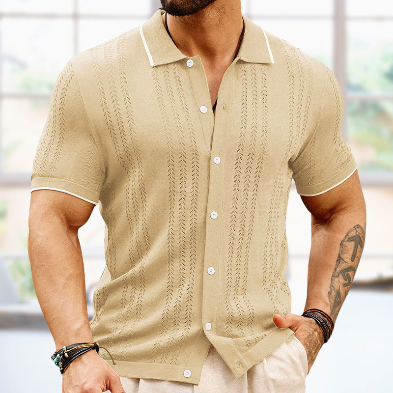 Step up your fashion game with this summer's must-have piece, our Short-Sleeved Polo Shirt! With a trendy button lapel and a stylish business design, this top is perfect for any occasion. Stay cool and confident while looking your best in this fashionable and comfortable men's clothing