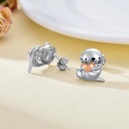 Sea Otter With Heart Earrings Sterling Silver Stud Earrings - Melissas Collectibles and More