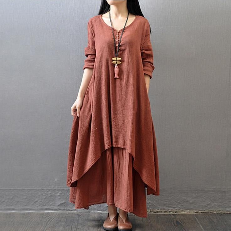 Two - Piece Cotton and Linen Loose Long Sleeved Dress - Melissas Collectibles and More