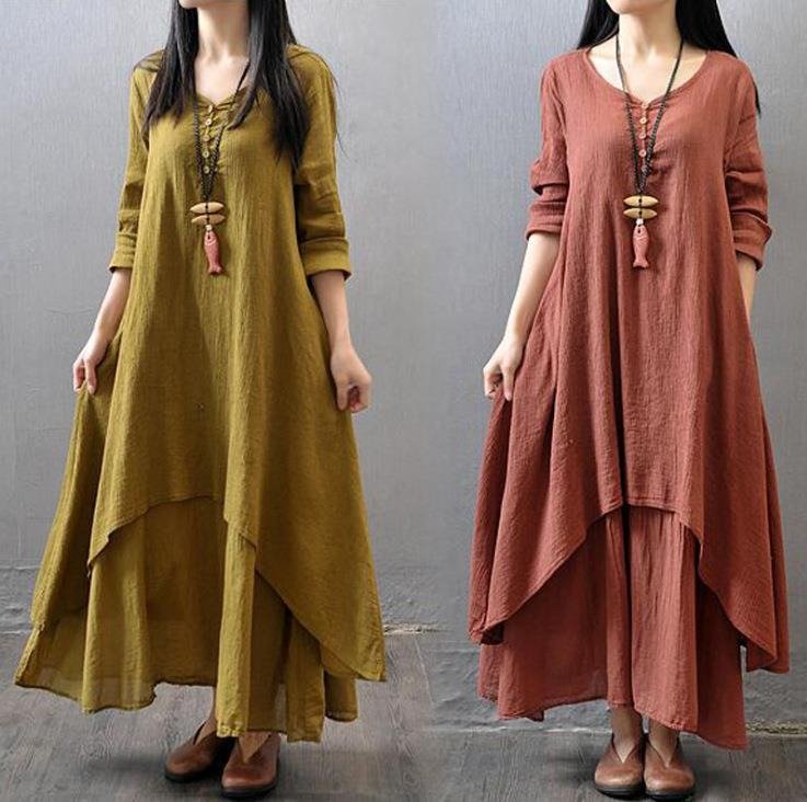 Two - Piece Cotton and Linen Loose Long Sleeved Dress - Melissas Collectibles and More