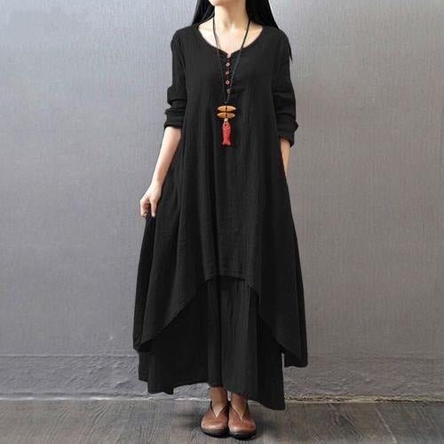 Two - Piece Cotton and Linen Loose Long Sleeved Dress - Melissas Collectibles and More