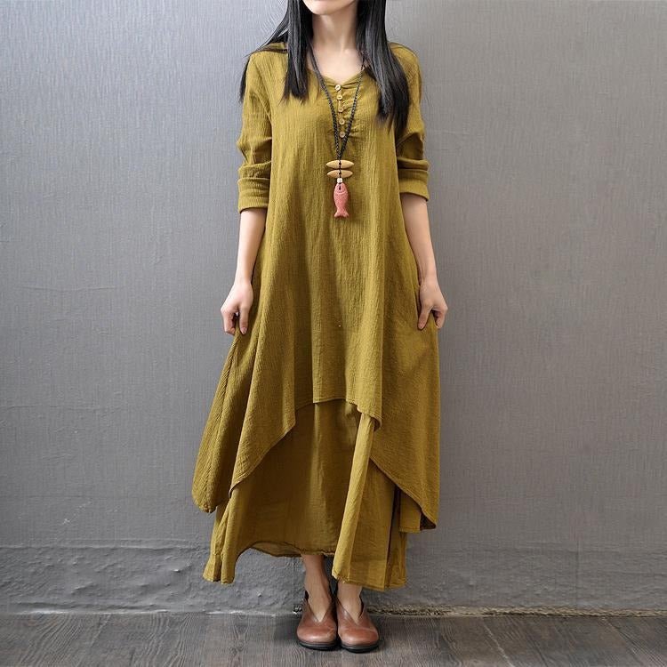 Two - Piece Cotton and Linen Loose Long Sleeved Dress - Melissas Collectibles and More