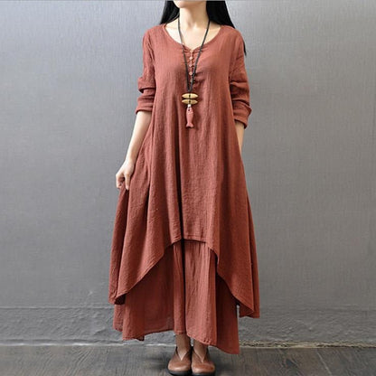 Two - Piece Cotton and Linen Loose Long Sleeved Dress - Melissas Collectibles and More