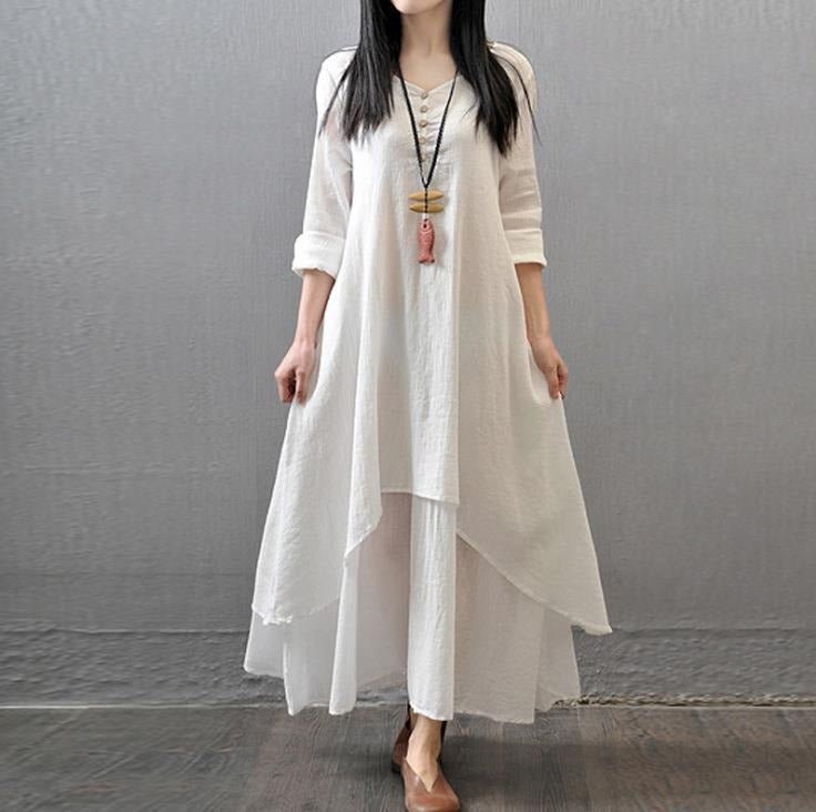 Two - Piece Cotton and Linen Loose Long Sleeved Dress - Melissas Collectibles and More