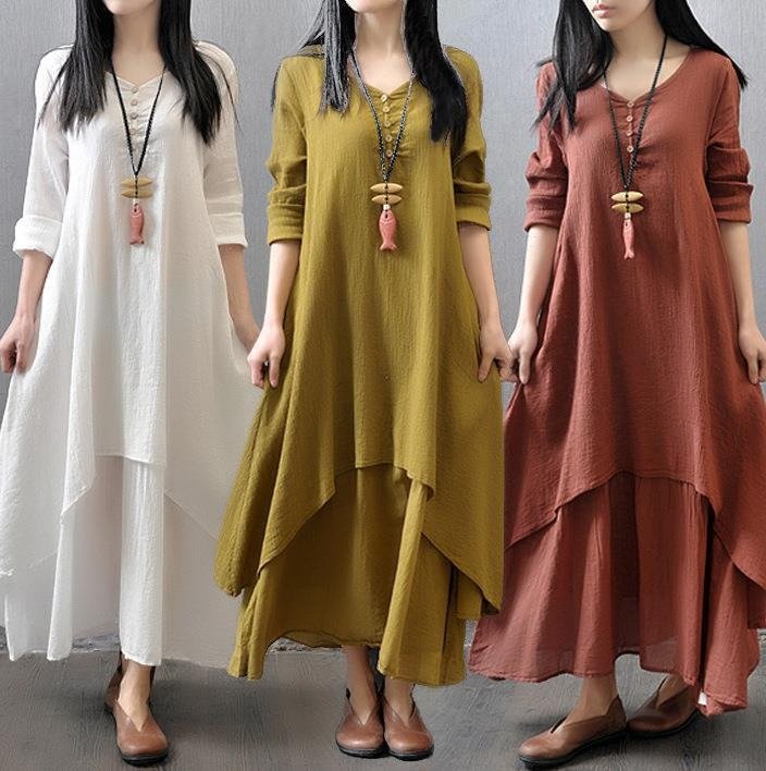 Two - Piece Cotton and Linen Loose Long Sleeved Dress - Melissas Collectibles and More